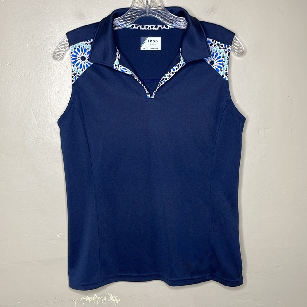IZOD GOLF Sleeveless Shirt Blue Popover Shirt Collar V Neck Medium - Picture 9 of 9